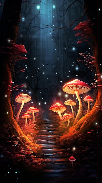 Neon Forest Fungi Cartoon Mushroom Scene