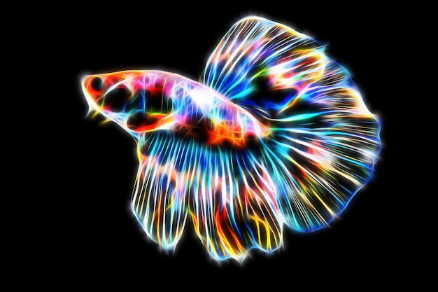 Neon fractal betta fighting fish on black blackground