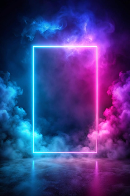 Photo neon frame glowing vapor fog cloud defocused blue pink color light flare square rectangle on smoke texture abstract geometric background with free space