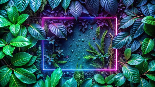 Photo neon frame on vibrant green leaves with rain drops background natural textured foliage dark forest flowers