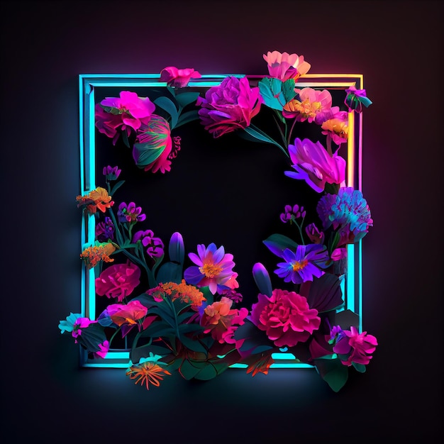 A neon frame with flowers in the middle.