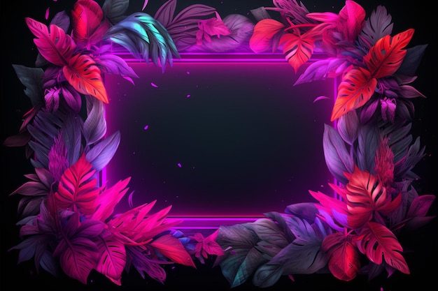 Neon frame with pink leaves