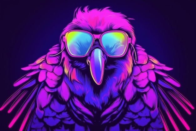 Neon futuristic bird portrait Cyberpunk art with colorful sunglasses