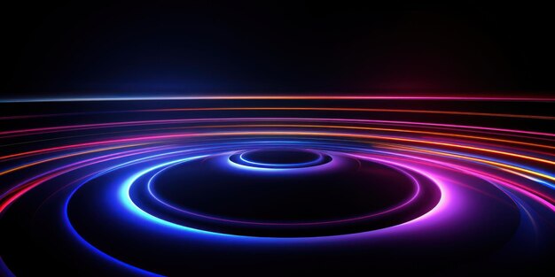 Neon futuristic flashes circles stripes on black background A vibrant ring of vivid colors radiates mesmerizing glow against a dark background creating intrigue