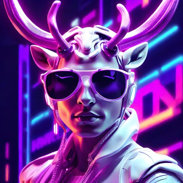 Neon futuristic portrait in pop art style of white reindeer with large strong horns