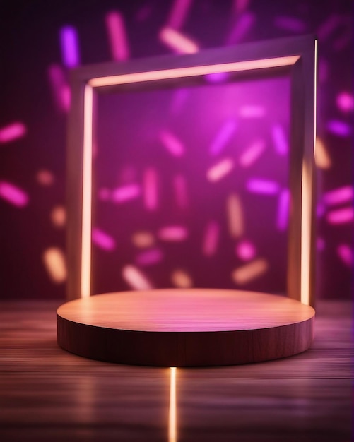 Neon Gadget product advertising stand exhibition wooden podium on black background generated by AI