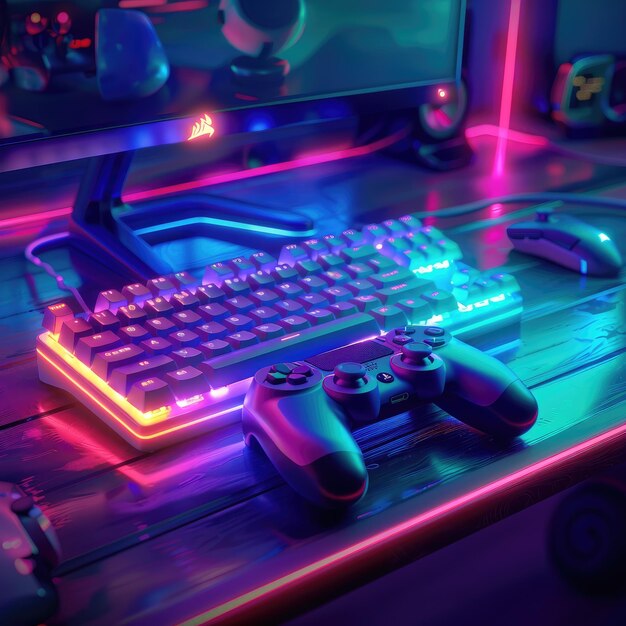 Photo neon gaming keyboard setup in moody environment