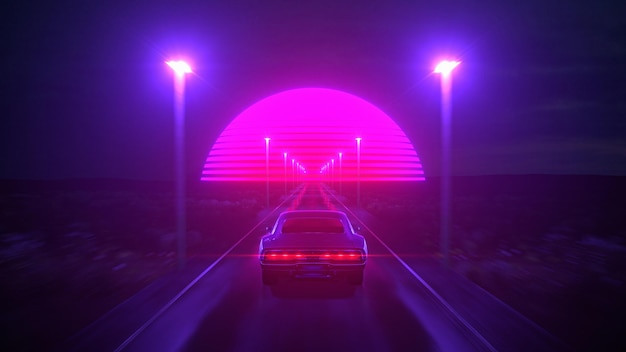 Neon gas retro car Vintage cyberpunk auto Fog rain and night Color vibrant reflections on asphalt 3D illustration