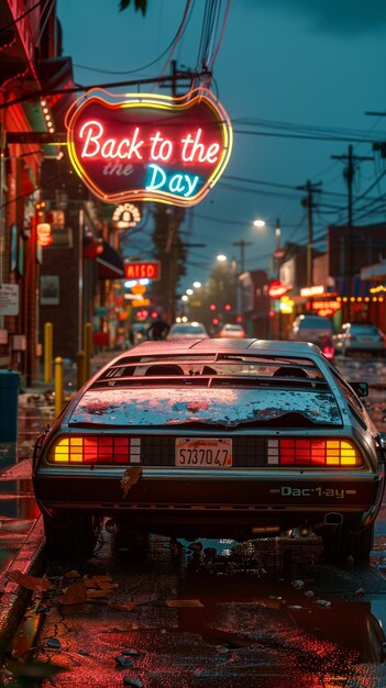 Photo neon gas station and retro car vintage cyberpunk auto fog rain and night color vibrant reflections on asphalt dodge charger daytona hemi 3d illustration