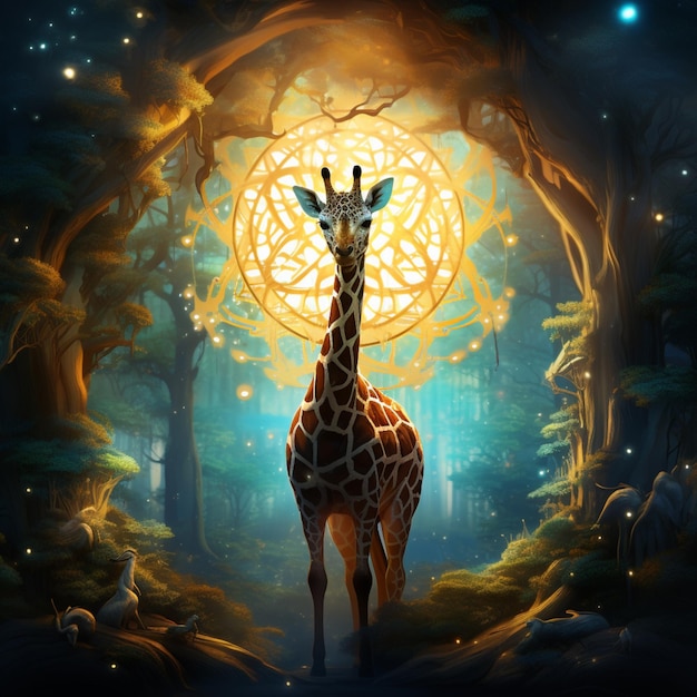 Neon giraffe stands forest middle image Generative AI