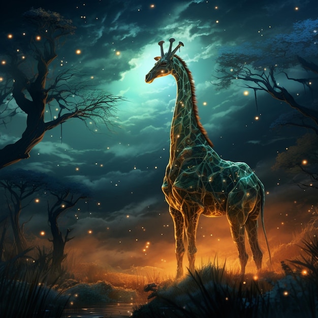 Neon giraffe stands forest middle image Generative AI