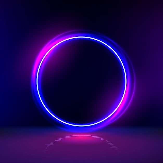 Neon gloving ring in dark room. Round light frame for text. Dark abstract furistic background with circle gate. Portal to another universe.