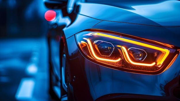 Neon glow of abstract car headlight closeup on black background