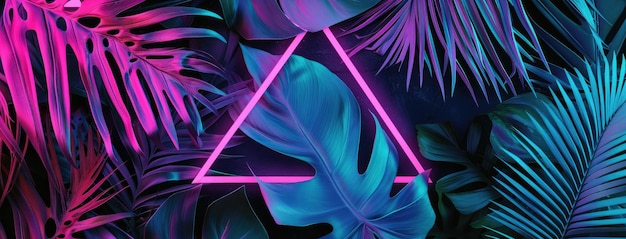 Photo neon glow tropical leaves with abstract geometry