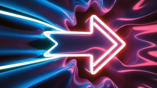 Neon glowing arrow pointer abstract blue and pink background 3d rendering