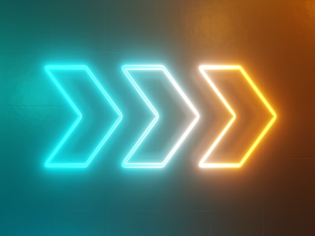 Neon glowing arrow pointer abstract green and yellow background 3d rendering