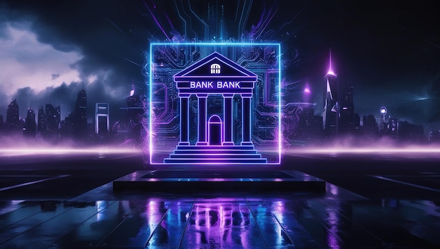 Neon glowing bank building icon in futuristic city