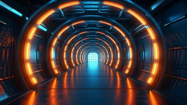 Neon Glowing Blue Orange Cyber Retro Sci Fi Futuristic Concrete Glossy Grunge Tunnel