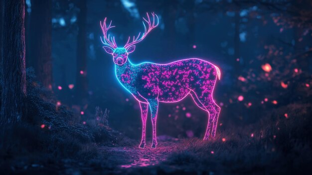 Photo neon glowing deer standing in a mystical forest illuminated by vibrant colors in the night