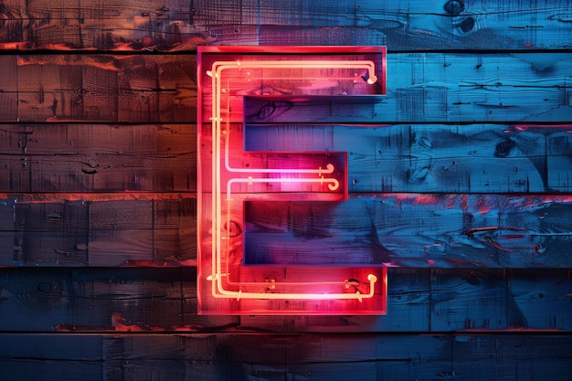 Photo neon glowing letter e on wooden wall background with vibrant lighting