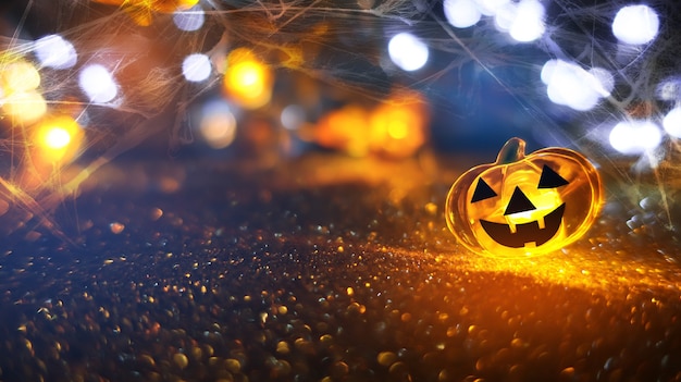 Neon glowing pumpkin head on abstract blurred bokeh background. Festive Halloween background with cobwebs and pumpkin.