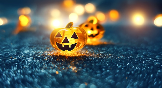 Neon glowing pumpkin head on abstract blurred bokeh background. Festive Halloween background with cobwebs and pumpkin.