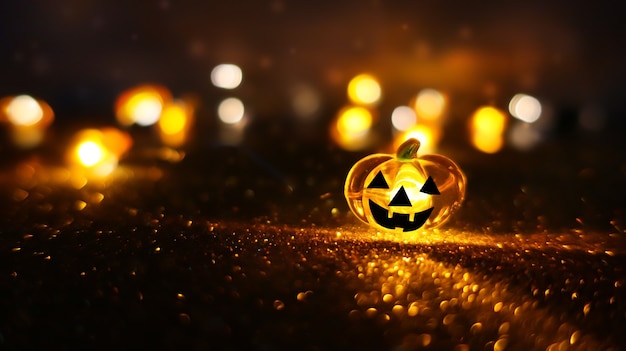 Neon glowing pumpkin head on abstract blurred bokeh background. Halloween festive background