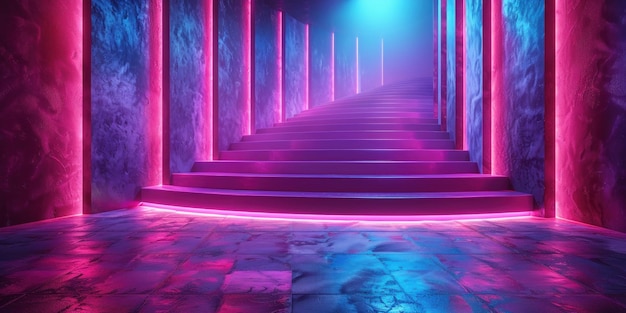 Neon Glowing Staircase in a Futuristic Interior