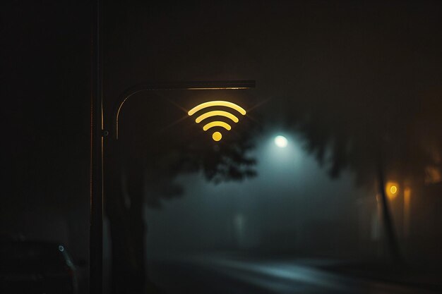 Neon and glowing WiFi sign on dark street background The concept of wireless Internet availability