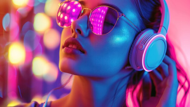 Neon Glowing Woman with Headphones Lost in Euphoric Dance Music