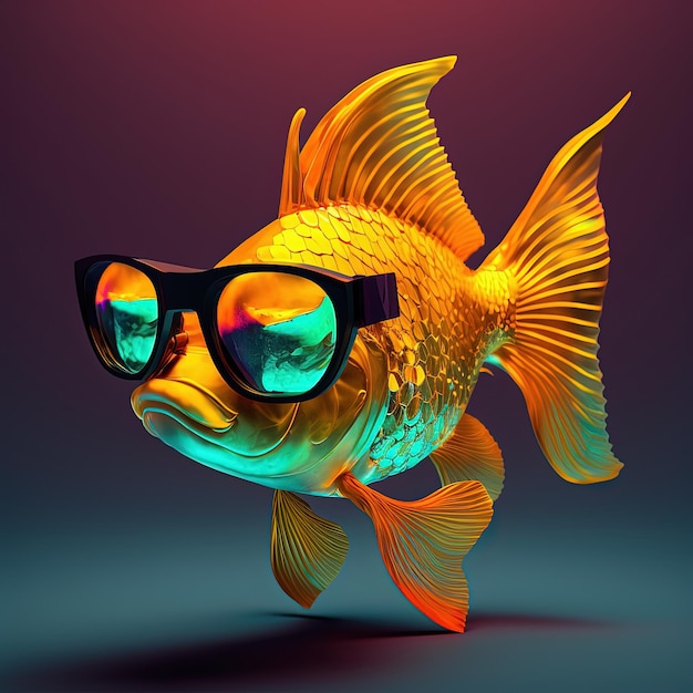 Neon goldfish in sunglasses Pop art style fish portrait