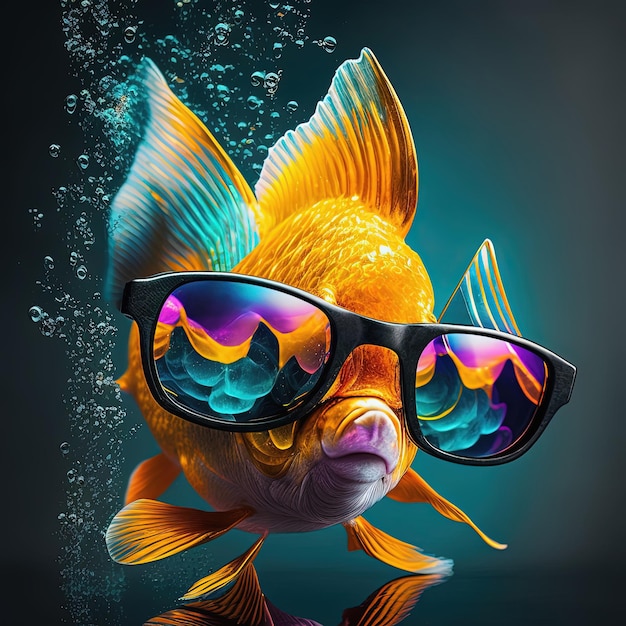 Neon goldfish in sunglasses Pop art style fish portrait