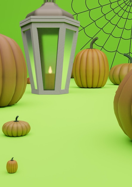 Neon green autumn fall Halloween product display podium pumpkins lanterns candles abstract spiderweb