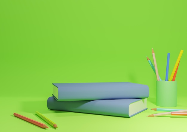 Neon green Back to school product display podium stand horizontal image from side pencils and books