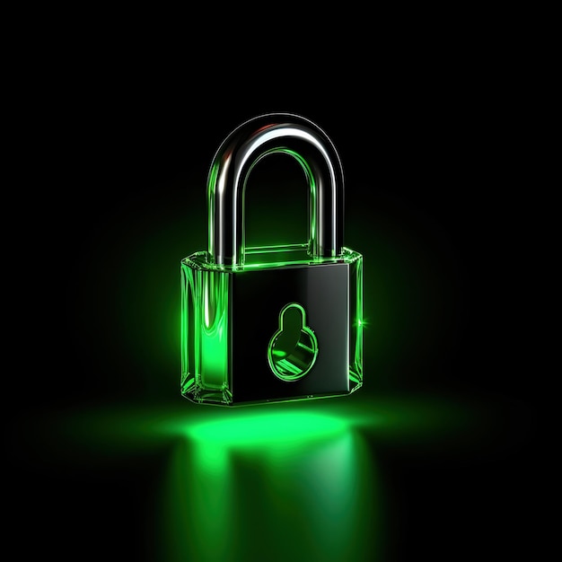 Neon Green Glossy 3D Rendered Lock Isolated on Dark Background