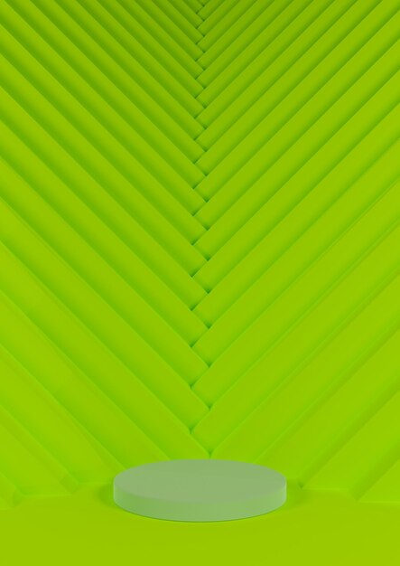 Neon green minimal product display cylinder stand triangle pattern in background pointing to product