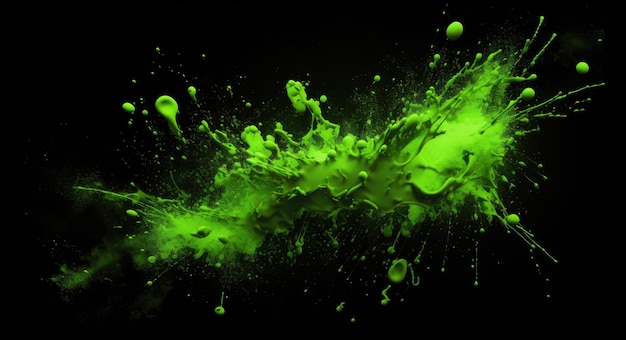 Neon Green Splatter Effect on Black Background Abstract Digital Illustration with Magic Glow