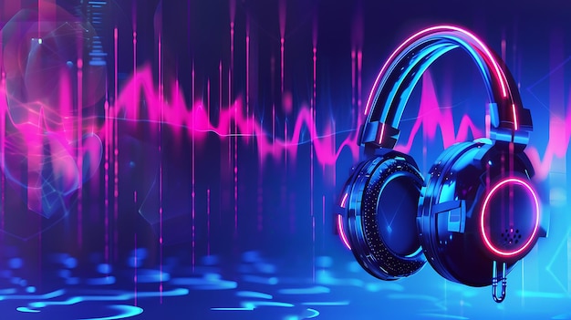 Photo neon headphones in a vibrant abstract background