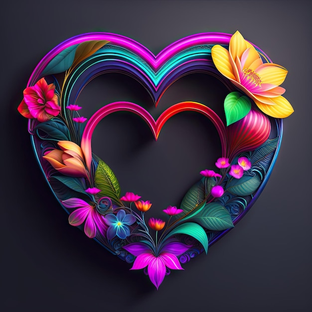 Neon heart frame with exotic flower ornament Digital art