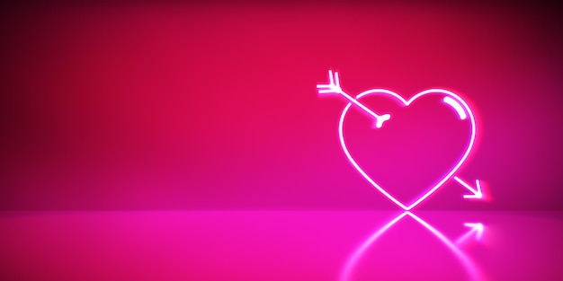 Neon heart light with an arrow through it for valentines day concept on pink reflecting background. 3D Illustration.