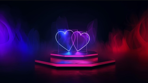 Neon heart shape on podium in dark room with smoke Vector illustration