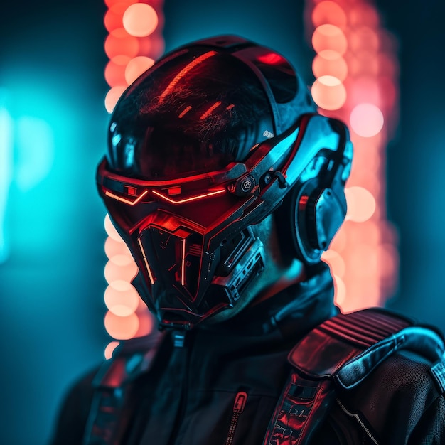 A neon helmet with red lights of a futuristic soldier Futuristic character with neon armor