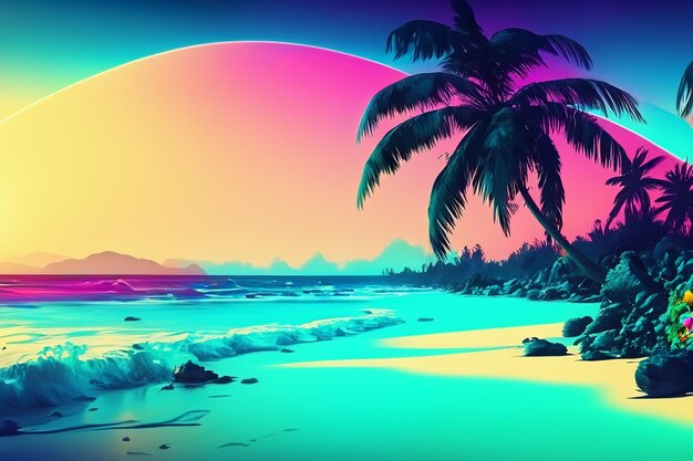 Photo neon horizons colorful retrofuturistic tropical beach vibes