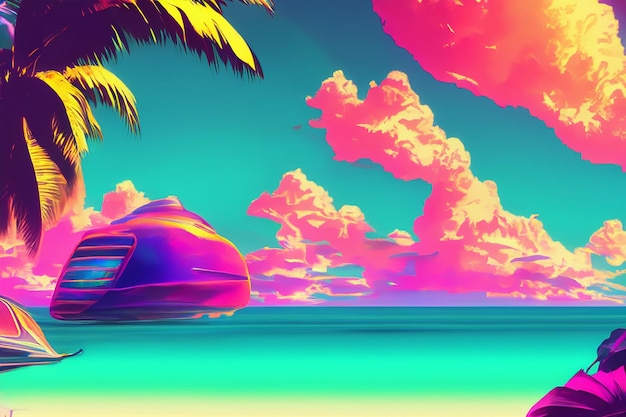 Photo neon horizons colorful retrofuturistic tropical beach vibes