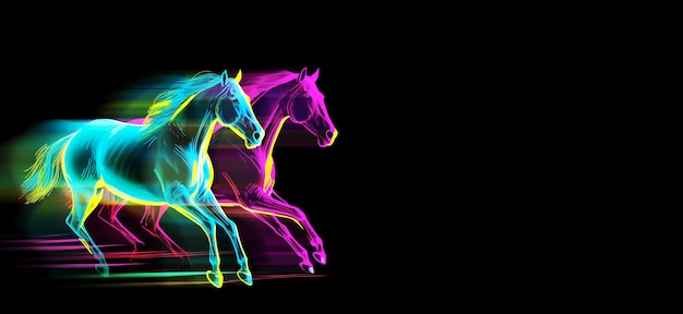 Neon horses runing isolated on black Generative AI