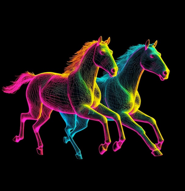 Neon horses running isolated on black Generative AI