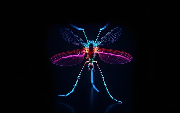 Photo a neon insect with a long tail is lit up in a dark room.