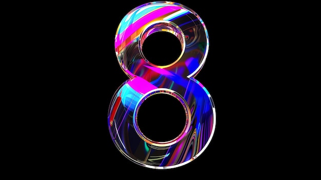 A neon iridescent glass number eight on a black background