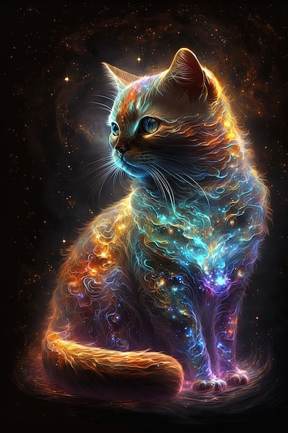 Neon iridescent psychedelic cat made of stars in night sky AI