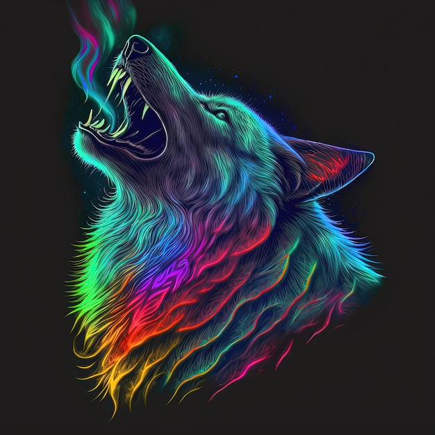 Neon iridescent psychedelic howling wolf Generative AI Not based on any actual scene or pattern